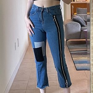 Patched zipper jeans